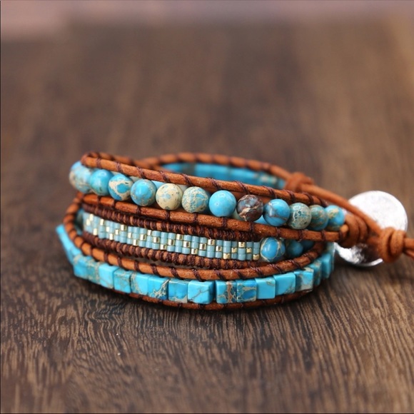 New! Handmade Leather Turquoise Wrap Bracelet - Picture 2 of 3